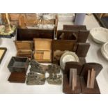 A COLLECTION OF TREEN ITEMS INCLUDING BOXES, BOOK-ENDS, SHELVES, ETC