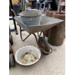 A WHEEL BARROW, A GALVANISED BUCKET AND TWO ENAMEL ITEMS