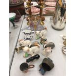 A COLLECTION OF ITEMS TO INCLUDE CERAMIC ANIMALS INCLUDING SZEILER, SHERRY GLASSES ON A TRAY,