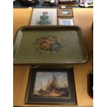 A VINTAGE TRAY WITH FOLD AWAY LEGS, THREE FRAMED PRINTS AND A FRAMED PHOGRAPH OF A GIRL