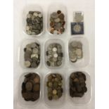 A LARGE COLLECTION OF COINS TO INCLUDE POST 1947 HALF CROWNS, POST 1952 SIX PENCES, BRASS