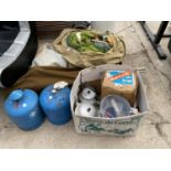 AN ASSORTMENT OF CAMPING ITEMS TO INCLUDE KETTLES, COOKING POTS AND A GAZEEBO ETC