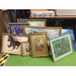 A QUANTITY OF FRAMED PRINTS TO INCLUDE STILL LIFE, ABSTRACT, COTTAGES, ETC