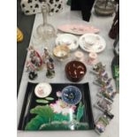 A COLLECTION OF ITEMS TO INCLUDE CONTINENTAL FIGURINES, A DECANTER AND SHERRY GLASSES, CARLTONWARE
