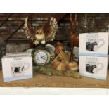 AN OWL MANTLE CLOCK. BOSSONS PANDA AND CHIPMONKS, AND FOUR BOXED ANIMAL THEMED MUGS ETC