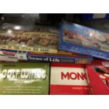 A SELECTION OF VINTAGE BOARD GAMES TO INCLUDE MONOPOLY, RISK, GAME OF LIFE, MINE A MILLION, ETC