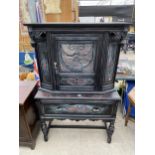 A JACOBEAN STYLE PAINTED CUPBOARD ON BASE ENCLOSING SINGLE DRAWER, ON TURNED LEGS, 39" WIDE