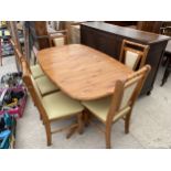 A MODERN PINE EXTENDING DINING TABLE 62 INCH X 38 INCH (LEAF 17INCH) PLUS 6 CHAIRS