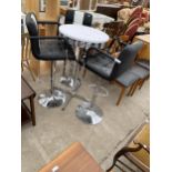 A MODERN AMERICAN DINER TYPE WHITE TABLE ON CHROME BASE 24" DIAMETER AND THREE ADJUSTABLE STOOLS