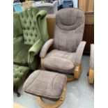 A MODERN SWIVEL RECLINER CHAIR IN MUSHROOM AND A STOOL