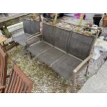 A PAIR OF METAL FRAMED GARDEN BENCHES, ONE TWO SEATER AND ONE THREE SEATER