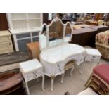 A MODERN WHITE AND GILT TRIPLE DRESSING TABLE, STOOL AND TWO BEDSIDE CHESTS ALL ON CABRIOLE LEGS