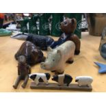 A COLLECTION OF WOODEN ANIMALS TO INCLUDE BADGER, TORTOISE, TEDDIES, PIG, ETC