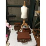 A SMALL HAND CASE 25CM X 10CM X 18CM A CHILD SIZE MANNEQUIN HEIGHT 75CM A BURR WALNUT TISSUE BOX