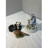 THREE ITEMS TO INCLUDE AN AYNSLEY PHEASANT, AN AYNSLEY PANDA AND A FIGURE OF A BOY BLOWING HIS HORN