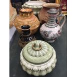 A QUANTITY OF STUDIO POTTERY ITEMS TO INCLUDE AN ITALIAN URN STYLE PLANTER - A/F AND LIDDED DISH,