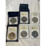 SIX COMMEMORATIVE COINS TO INCLUDE ELIZABETH II 1953 CORONATION SHILLING, ELIZABETH II 1977