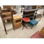 A CHEVAL, LOCKER, STOOL, WALL SHELF, MIRROR LINEN BOX AND A SEWING BOX