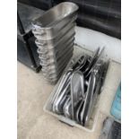 A LARGE QUANTITY OF STAINLESS STEEL CATERING WARMING TRAYS
