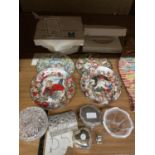 FOUR LIMITED EDITION CHRISTMAS CABINET PLATES, SILVER PLATED TRINKET BOXES AND GLASSWARE