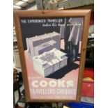 A WOODEN FRAMED POSTER 'COOKS TRAVELLERS CHEQUES' 48CM X 64CM