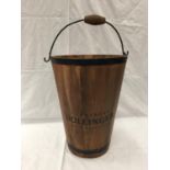 A WOODEN 'BOLLINGER CHAMPAGNE BUCKET WITH METAL BANDING AND HANDLE HEIGHT 40CM