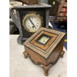 TWO VINTAGE STYLE CLOCKS, ONE BEING A MARBLE EFFECT MANTLE CLOCK THE OTHER A CLOCK WITH HINGED