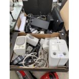 A LARGE ASSORTMENT OF ITEMS TO INCLUDE FREEVIEW BOXES, SPEAKERS AND REMOTE CONTROLS ETC