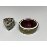 TWO ENAMEL PILL BOXES TO INCLUDE A HEART SHAPED