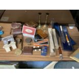 A QUANTITY OF COLLECTABLE ITEMS TO INCLUDE VINTAGE VIEWMASTERS, CANDLESTICKS, TWO BOXED HYDROMETERS,