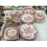 A LARGE QUANTITY OF IRONSTONE RED AND WHITE POTTERY TO INCLUDE MASON'S, CROWN DUCAL, ETC