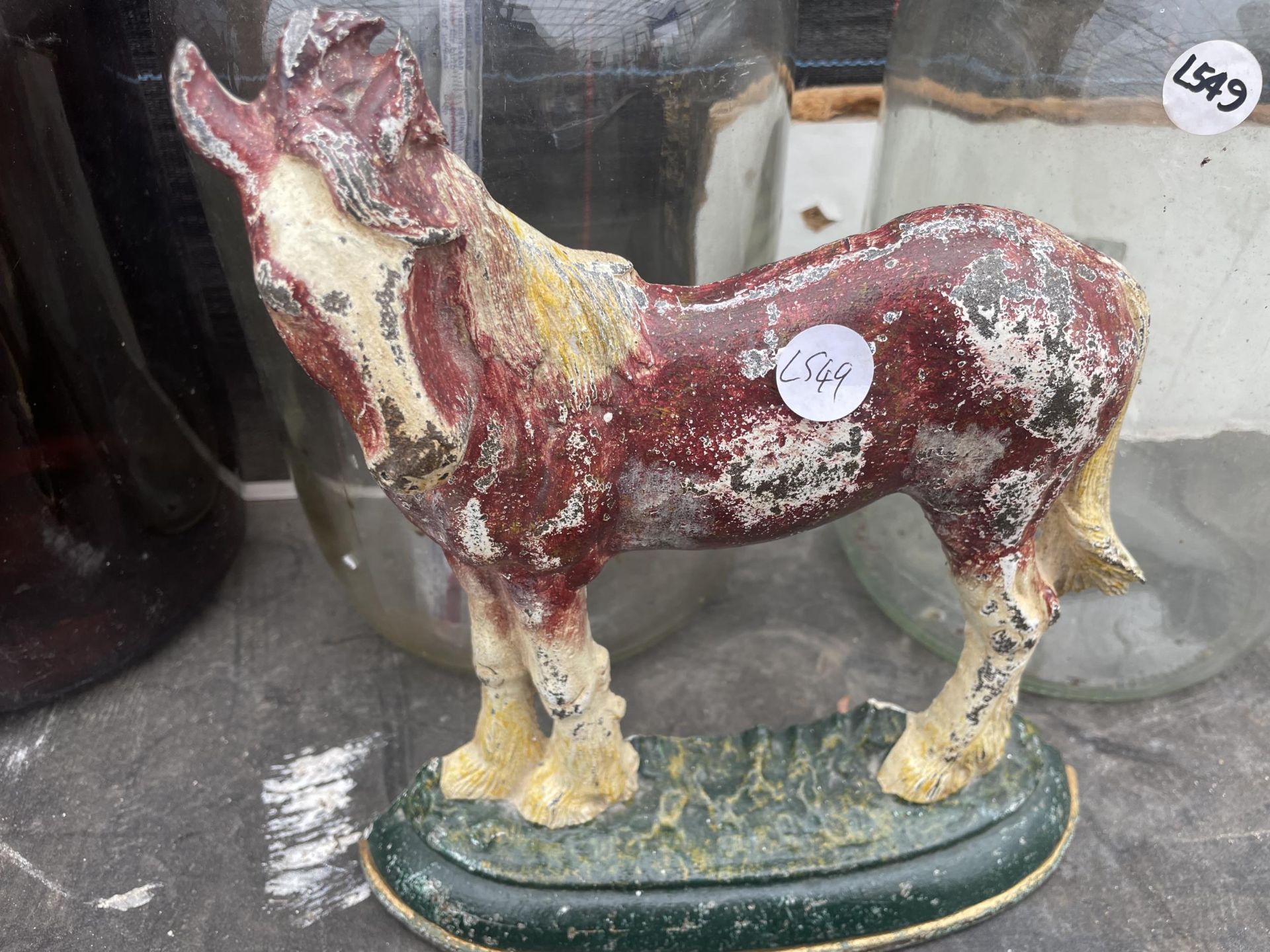 THREE GLASS DEMI JOHNS AND A CAST HORSE DOOR STOP - Image 2 of 2