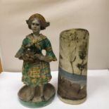 A STUDIO POTTERY VASE WITH LEAF DESIGN HEIGHT 27CM AND AN OLD POTTERY FIGURE OF A CONTINENTAL