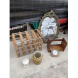 AN ASSORTMENT OF ITEMS TO INCLUDE A WINE RACK, A FRAMED MIRROR AND A BAROMETER ETC