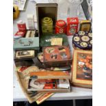 A COLLECTION OF ITEMS TO INCLUDE VINTAGE TINS, RINGTONS, SAVILLE, ETC, NATIONAL TRANSPORT TOKENS,
