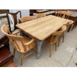 A VICTORIAN STYLE PINE KITCHEN TABLE, 66X33" AND SIX CHAIRS, TWO BEING CARVER