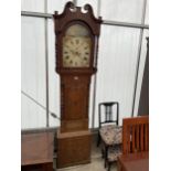 A 19TH CENTURY OAK AND CROSSBANDED EIGHT-DAY LONGCASE CLOCK WITH PAINTED ENAMEL DIAL