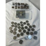 A BOX OF MIXED BRITISH COINS FROM QUEEN VICTORIA TO GEORGE VI TO INCLUDE FLORINS, PENNIES, FARTHINGS