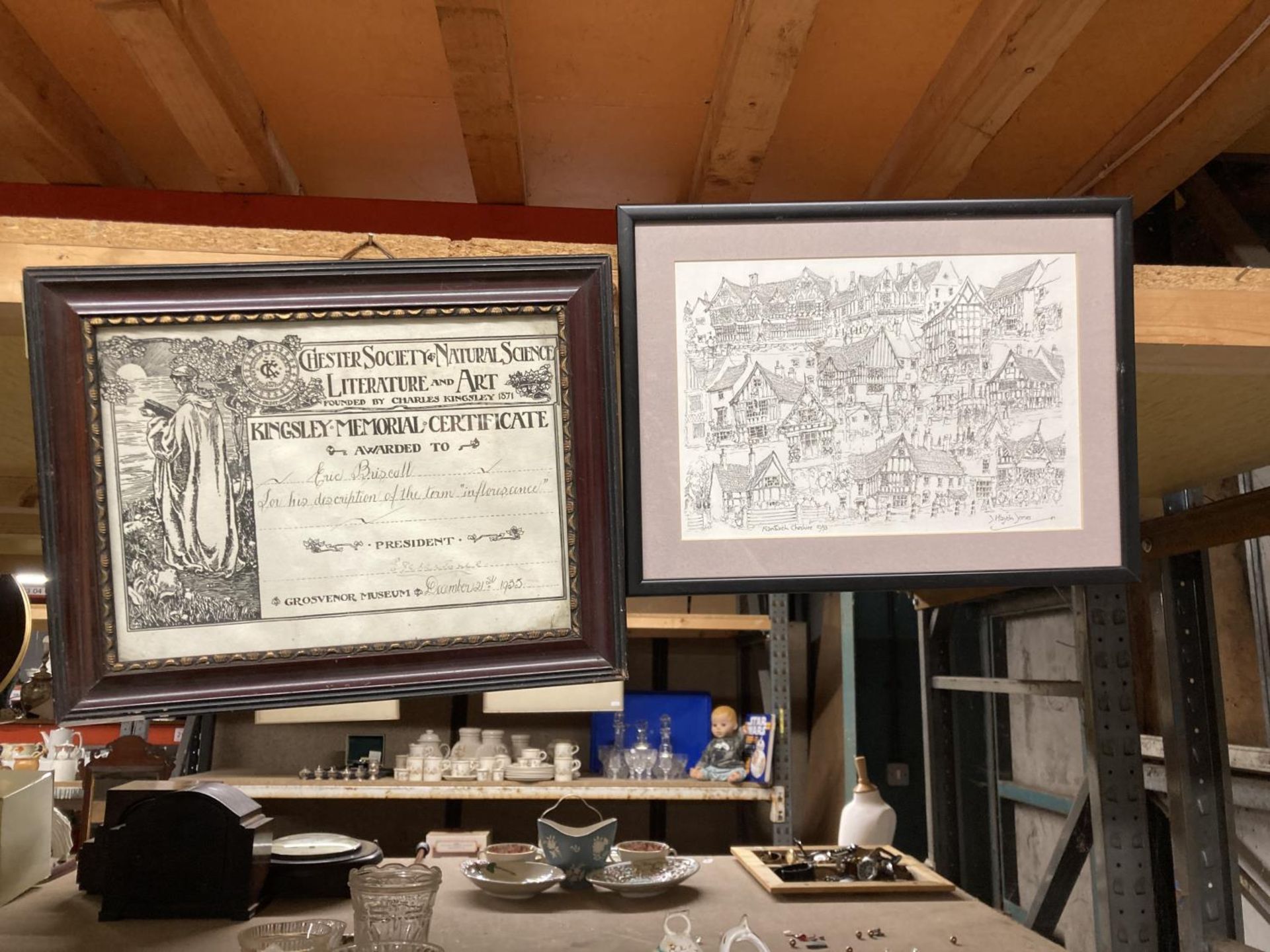 TWO FRAMED PRINTS - NANTWICH, CHESHIRE, 1993 AND A KINGSLEY MEMORIAL CERTIFICATE AWARDED TO ERIC