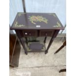 A SMALL MODERN FLORAL PAINTED TWO DRAWER SIDE-TABLE, 21" WIDE