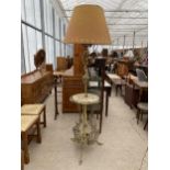 A BRASS VICTORIAN STANDARD OIL LAMP WITH MARBLE CENTRAL SHELF, WITH PROFUSELY DECORATED WITH FLOWERS