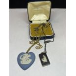 TWO WEDGWOOD JASPERWARE PENDANTS AND CHAINS WITH A PRESENTATION BOX