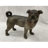 A LATE 19TH CENTURY AUSTRIAN HAND PAINTED TERRACOTTA PUG NOSED DOG HEIGHT 31CM A/F