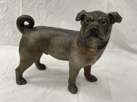 A LATE 19TH CENTURY AUSTRIAN HAND PAINTED TERRACOTTA PUG NOSED DOG HEIGHT 31CM A/F