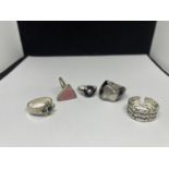 FIVE MARKED SILVER RINGS ONE A/F STONE MISSING