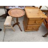 A MODERN CHILDS TRESTLE, TRIPOD WINE TABLE AND TWO DRAWER PINE CHEST