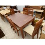 SIX PANAMA SLATTED BACK CHAIRS AND AN EXTENDING DINING TABLE, 53X34" (18" LEAF)