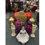 A QUANTITY OF COLLECTABLE ITEMS TO INCLUDE ASIAN STYLE HEADS, AFRICAN THEMED FIGURINES, BULLDOG