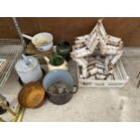 A LARGE ASSORTMENT OF ITEMS TO INCLUDE STARS FORMED FROM LOGS, AN ENAMEL KETTLE AND A GALVANISED