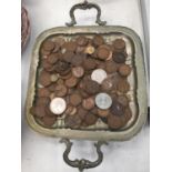 A SILVER PLATED TRAY CONTAINING A QUANTITY OF PRE DECIMAL COINS INCLUDING PENNIES, THREEPENNY